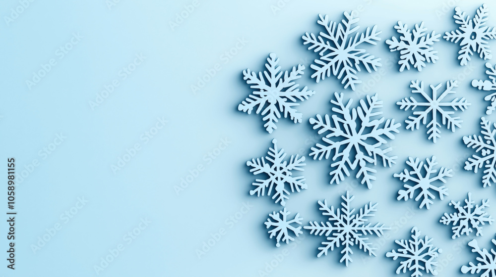 Abstract composition of various blue snowflakes on a light blue background. Snowflakes are arranged in a pattern with shadows giving a 3D effect. Abstract composition of various blue snowflakes on a light blue background. Snowflakes are arranged in a pattern with shadows giving a 3D effect.
