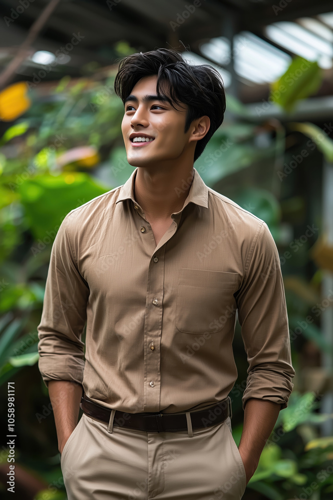Obraz premium Young Man Smiling In Nature Bright Green Environment Casual Fashion