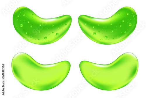 Beauty clear green hydrogel eye patches with aloe vera gel texture isolated, transparent background. Korean lifting face mask icon, trendy cosmetic product for spa, moisturising, skin care treatment.
