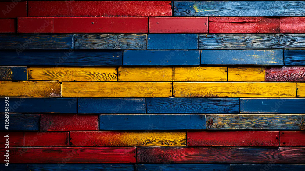 Naklejka premium The background is made of wooden boards of different shapes and colors: red, yellow and blue. 