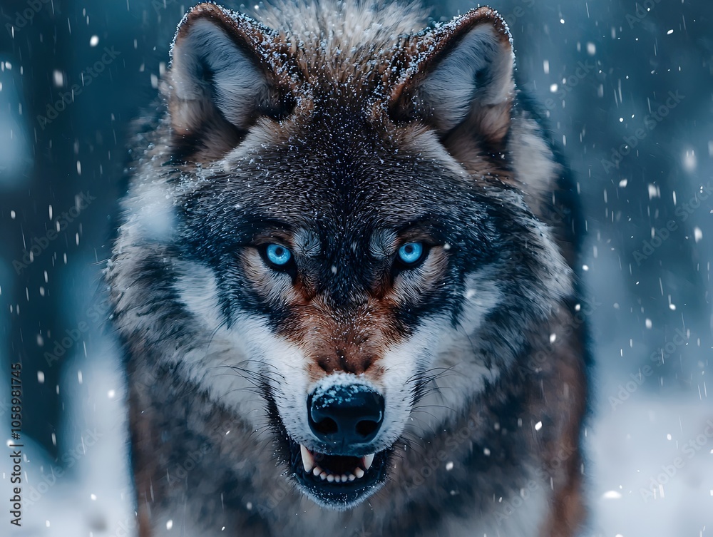 Snarling Wolf with Ice Blue Eyes Against Snowy Forest Backdrop Snarling Wolf with Ice Blue Eyes Against Snowy Forest Backdrop