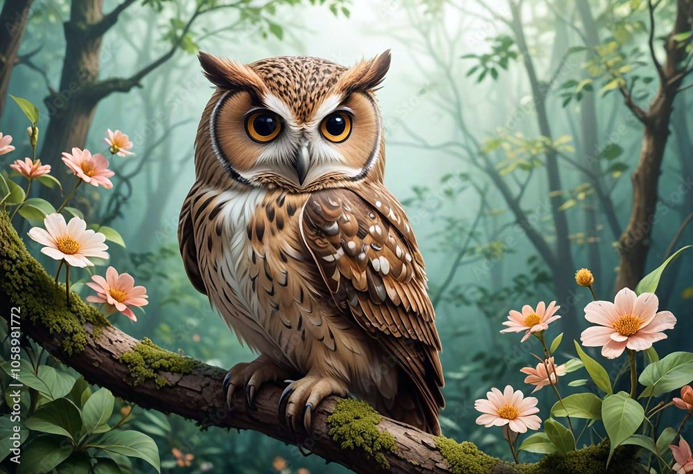 An owl on a branch surrounded by flowers creates an atmosphere of nature and tranquility. Ideal for nature and wild life An owl on a branch surrounded by flowers creates an atmosphere of nature and tranquility. Ideal for nature and wild life