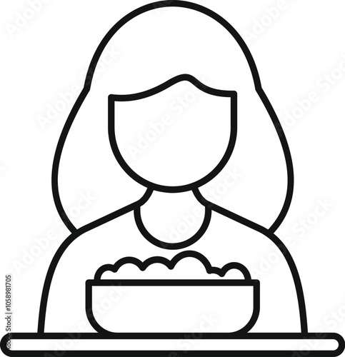 Minimalist line drawing of a woman eating from a bowl placed on a table, representing mealtime or dining