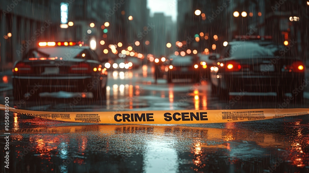 Photograph of CRIME SCENE written on yellow tape at a crime scene in the city, with a blurred background featuring police cars and raindrops, and evening light. Photograph of CRIME SCENE written on yellow tape at a crime scene in the city, with a blurred background featuring police cars and raindrops, and evening light.