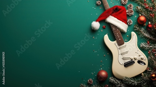 Celebrate the holidays with guitar and festive decorations on a vibrant green background