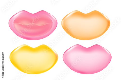 Beauty clear hydrogel lip patches with glowing gel texture isolated, transparent background. Korean face mask icon, trendy cosmetic product for anti aging, moisturising, skin care treatment.