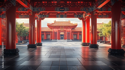 Traditional Chinese Architecture with Platform, Road, and Parking Area on Brick Surface for Automotive Advertisement Featuring Blank Background photo