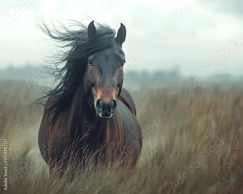 Fierce Stallion s Fiery Face in Windblown Field   Equine Power and Majesty photo
