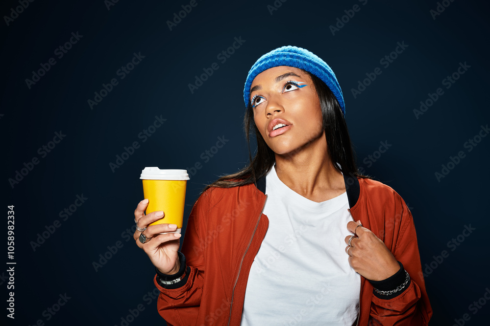 The young woman confidently showcases her warm autumn fashion while sipping coffee. The young woman confidently showcases her warm autumn fashion while sipping coffee.