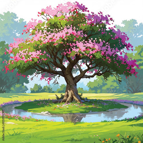 Tree Japanese anime style background Pink Cherry Blossom 
