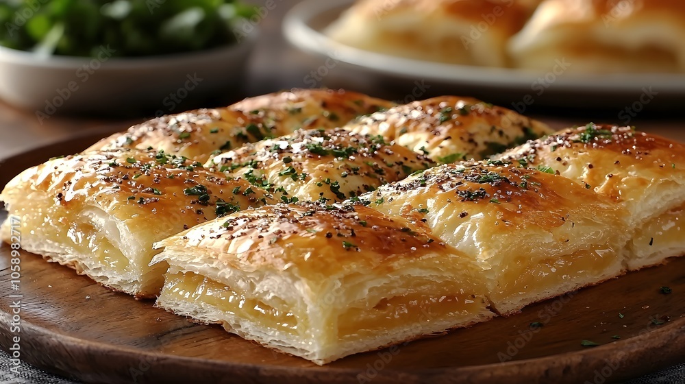 Golden crispy puff pastry squares with savory herb garnish on wooden platter Golden crispy puff pastry squares with savory herb garnish on wooden platter