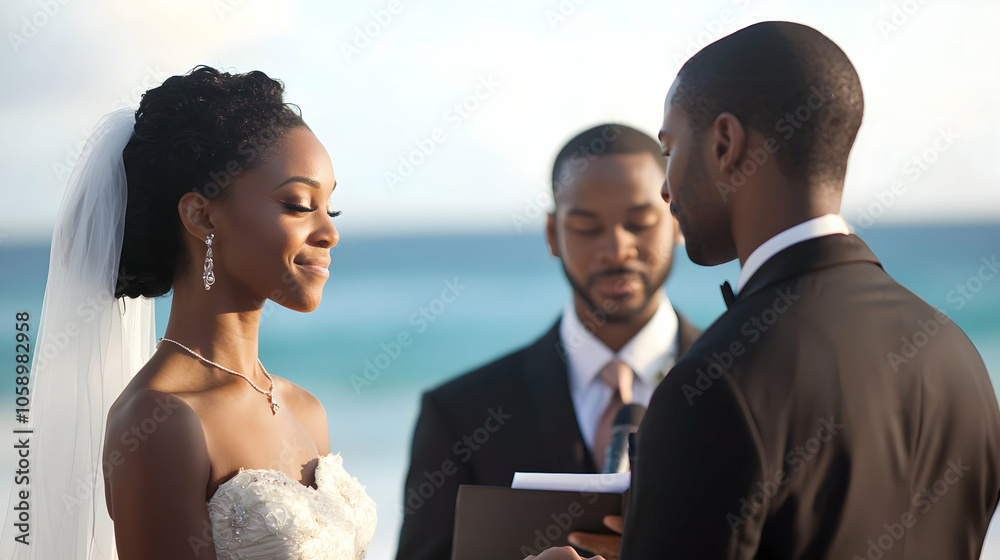 Couple Exchanging Vows at Romantic Beach Wedding Ceremony Couple Exchanging Vows at Romantic Beach Wedding Ceremony