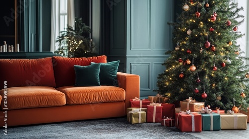 Under a Christmas tree are Christmas presents in all hues. The living area appears festive and is decked out for the holidays.