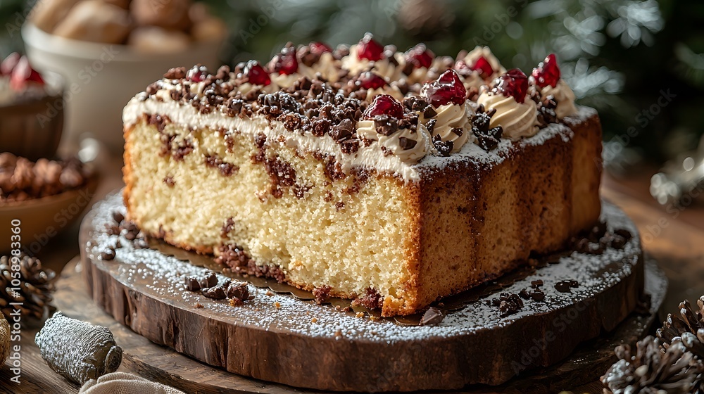 Festive chocolate chip cake with cream and berries on rustic wooden board Festive chocolate chip cake with cream and berries on rustic wooden board
