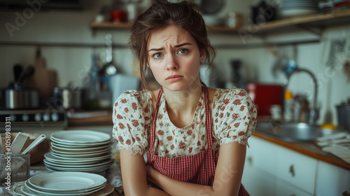 A portrait of and tired housewife in the kitchen photo