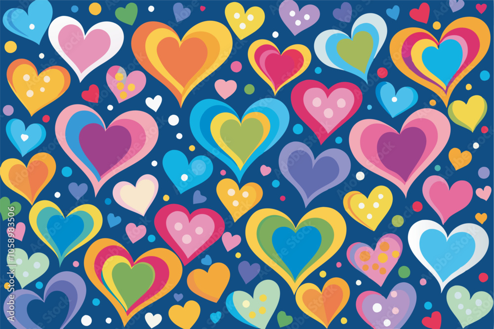 A lively and loving image of colorful hearts on a navy blue background, with small white dots adding to the cheerful atmosphere. A lively and loving image of colorful hearts on a navy blue background, with small white dots adding to the cheerful atmosphere.