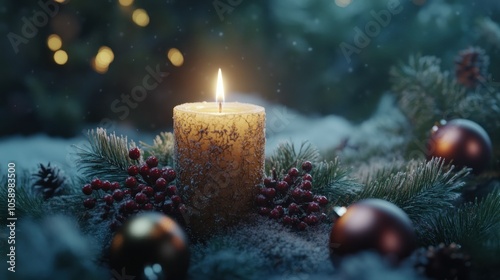 Serene Christmas Scene with Lit Candle and Decorations