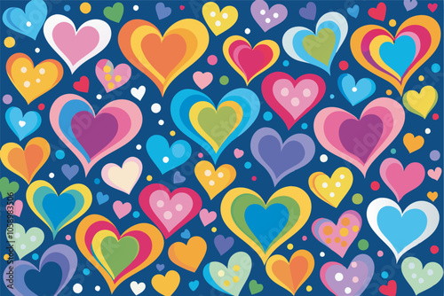 A lively and loving image of colorful hearts on a navy blue background, with small white dots adding to the cheerful atmosphere.