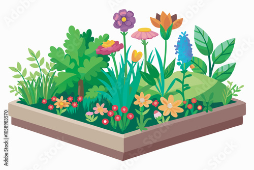 Colorful cartoon garden bed filled with various flowers and plants, vibrant and dynamic setting with bright hues and distinct borders.