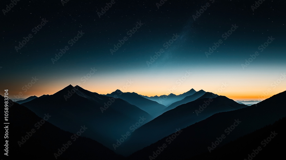 Silhouetted mountain range during twilight with a colorful horizon and visible starry sky creating a serene landscape. Silhouetted mountain range during twilight with a colorful horizon and visible starry sky creating a serene landscape.