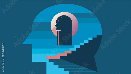 An surreal image with a staircase in shades of blue and a head-shaped door. Inside, a night sky background with a pink crescent moon. Two figures observe the man climbing the stairs.