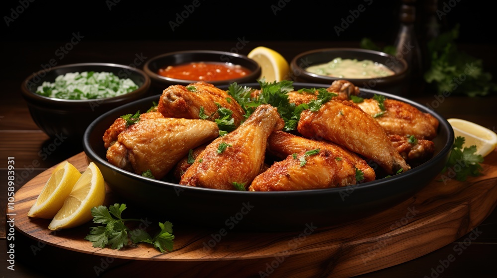 A plate of roasted chicken wings with three dipping sauces, lemon wedges, and parsley.