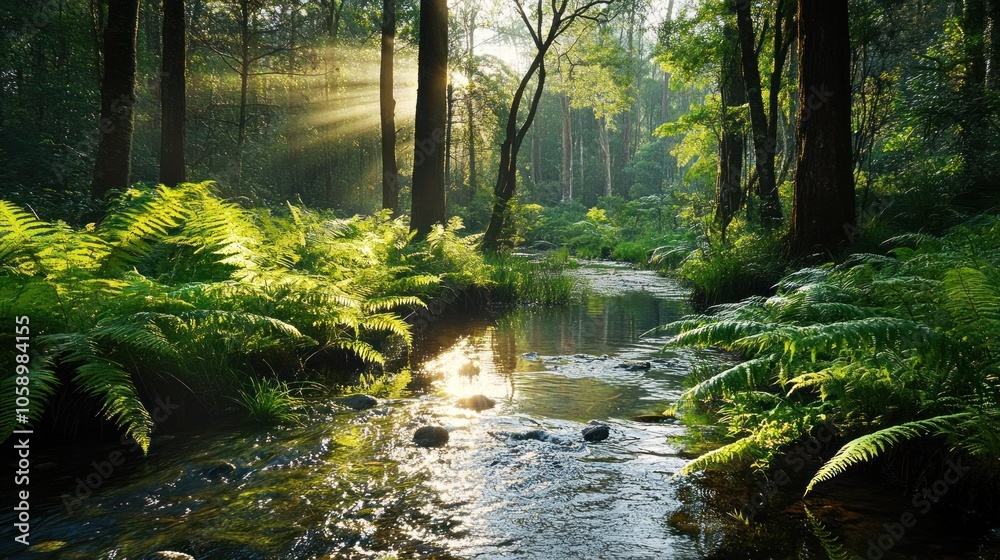 Sunlight Illuminating a Creek in a Lush Forest Sunlight Illuminating a Creek in a Lush Forest