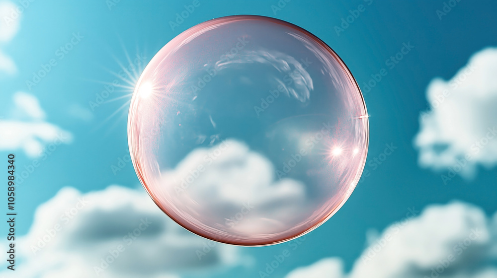 Close-up of a translucent soap bubble reflecting sunlight against a bright blue sky with scattered clouds in the background. Close-up of a translucent soap bubble reflecting sunlight against a bright blue sky with scattered clouds in the background.