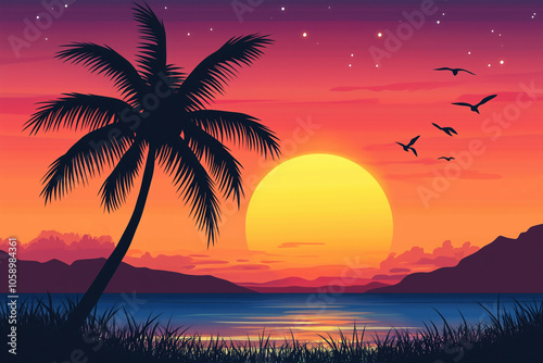 Silhouette of palm trees at sunset Over tropical beach