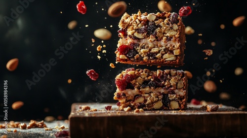 Fototapeta Naklejka Na Ścianę i Meble -  Delicious nut and berry granola bars with rustic wooden background