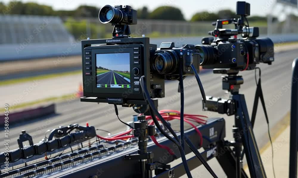 A camera setup on a track for filming or broadcasting events.