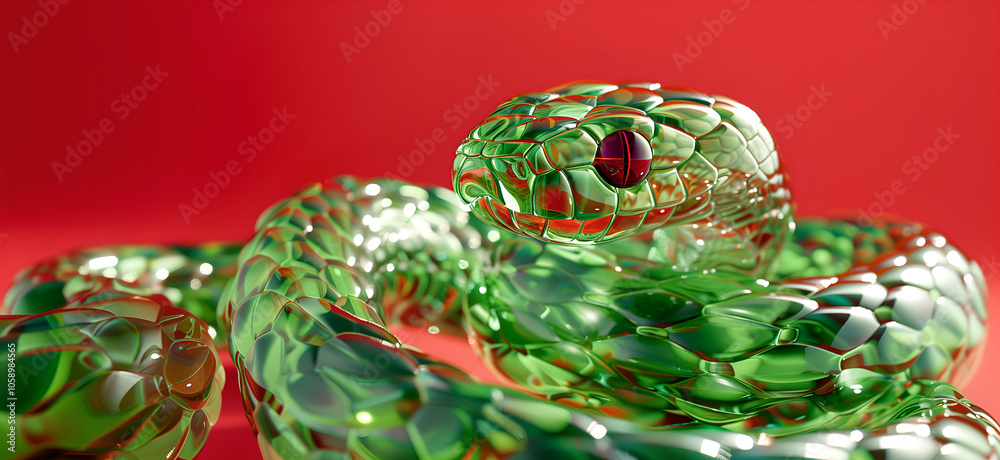 Green shining snake made of glass, red background Green shining snake made of glass, red background