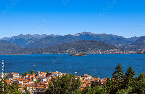 The scenic view of Lake Maggiore, Italy. Maggiore is the second largest lake in Italy and the largest in southern Switzerland.  photo