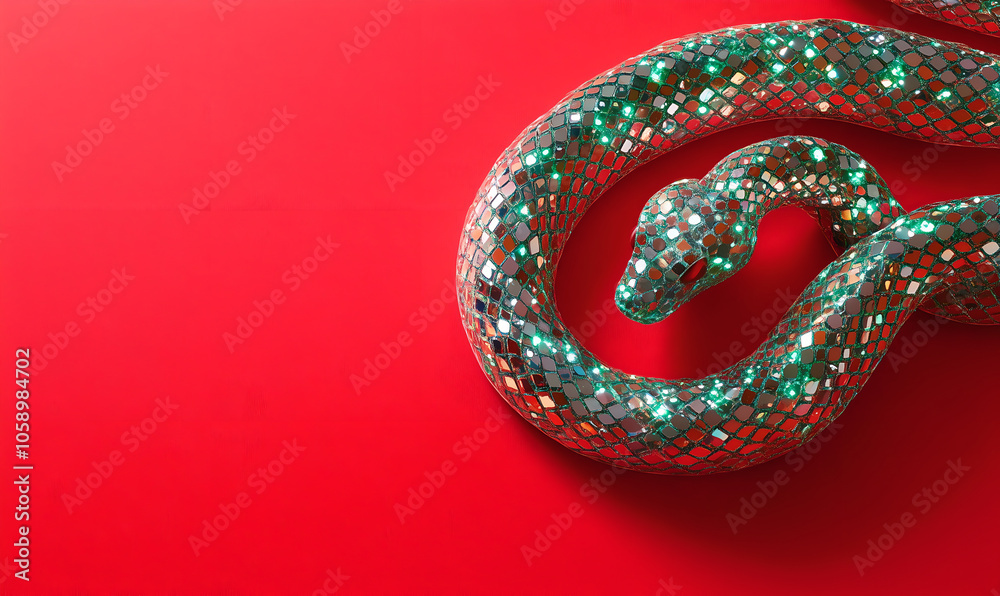 Green shining snake, made of crystals, red background Green shining snake, made of crystals, red background