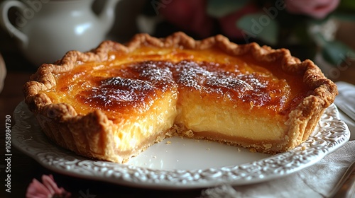 Delicious homemade custard tart on elegant white plate with floral background