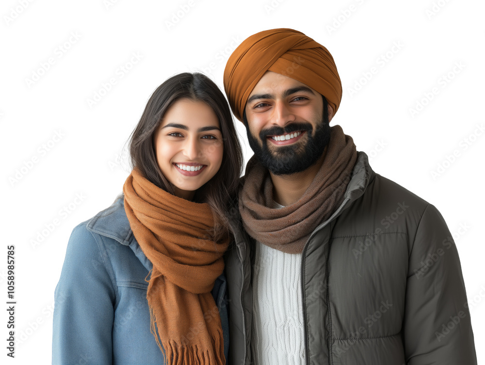 Smiling Sikh Couple in Casual Winter Attire, Indian Man and Woman Portrait, Isolated, Transparent Background