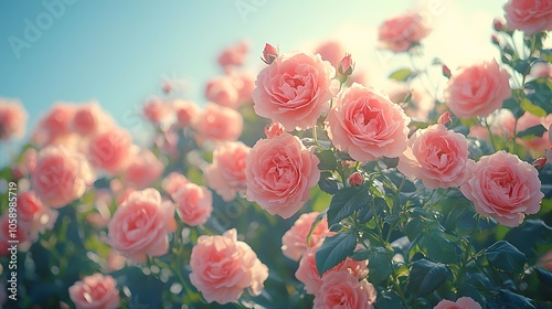 Blooming pink roses in lush garden on a sunny day