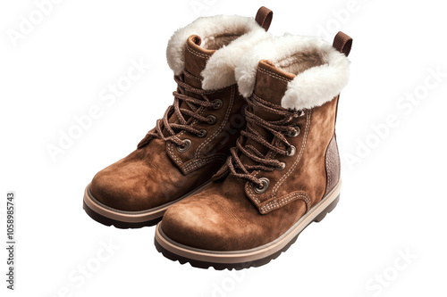 Pair of brown winter boots with fur on transparent background