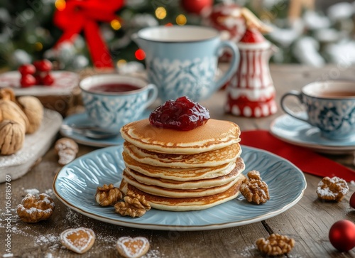 Festive breakfast setting with pancakes and christmas decorations