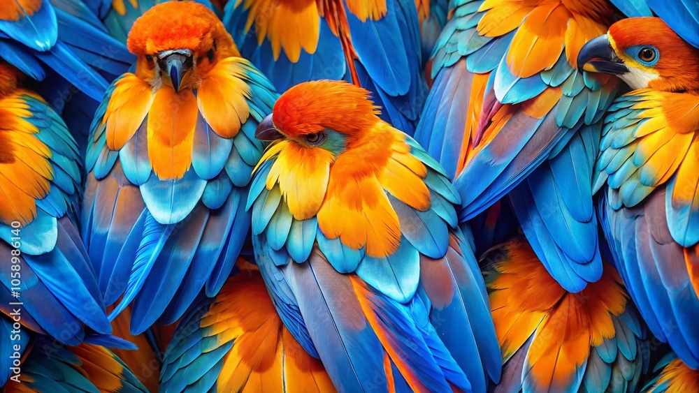 Fototapeta premium Dynamic blue and orange abstract shapes create a vibrant panoramic background.