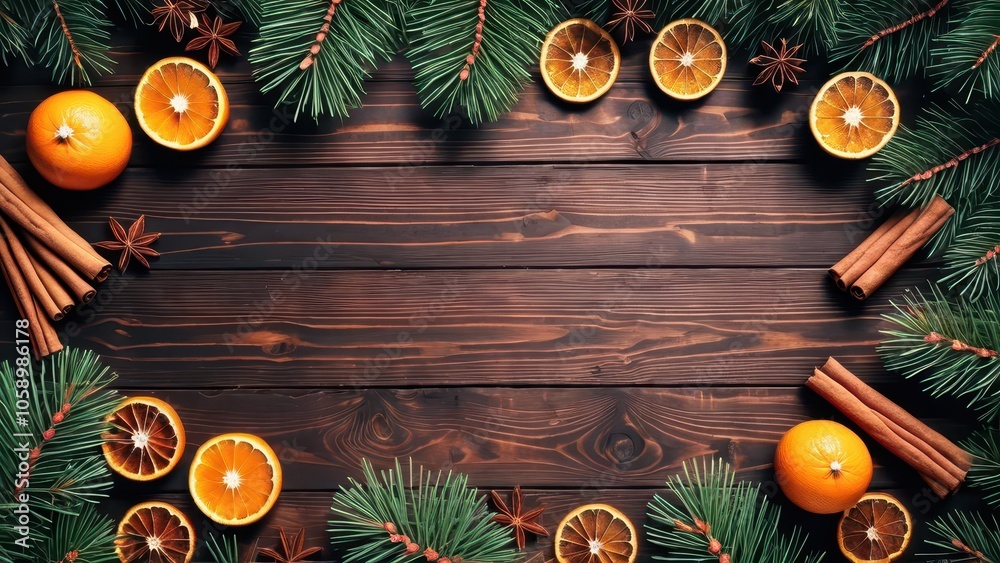 Rustic Christmas background with pine branches, dried oranges, and cinnamon sticks on dark wood, perfect for holiday cards or seasonal designs. Rustic Christmas background with pine branches, dried oranges, and cinnamon sticks on dark wood, perfect for holiday cards or seasonal designs.