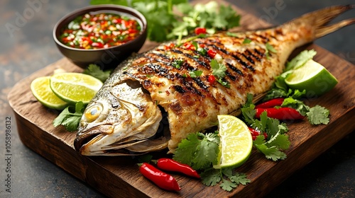 Trei Aing (Grilled Fish) with lime wedges and fresh herbs (Cambodian Cuisine) photo