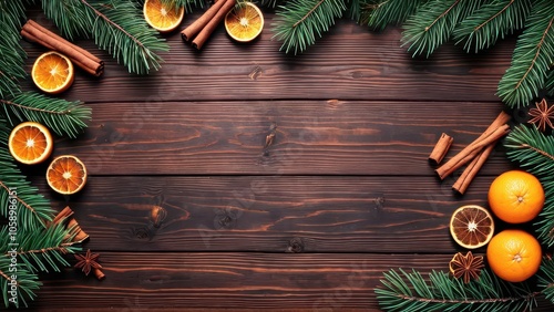 Rustic Christmas background with pine branches, dried oranges, and cinnamon sticks on dark wood, perfect for holiday cards or seasonal designs.