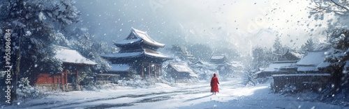 Wallpaper Mural Snow falls gently on a serene village at dusk as a figure clad in red walks along a snow-covered path, flanked by traditional buildings and a peaceful ambiance Torontodigital.ca