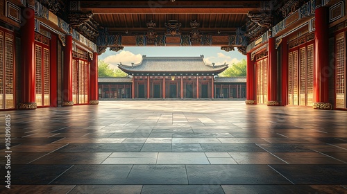 Traditional Chinese Architecture with Platform, Road, and Parking Area on Brick Surface for Automotive Advertisement Featuring Blank Background photo