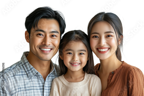 Happy Young Asian Family Portrait, Smiling Parents with Child, Isolated, Transparent Background