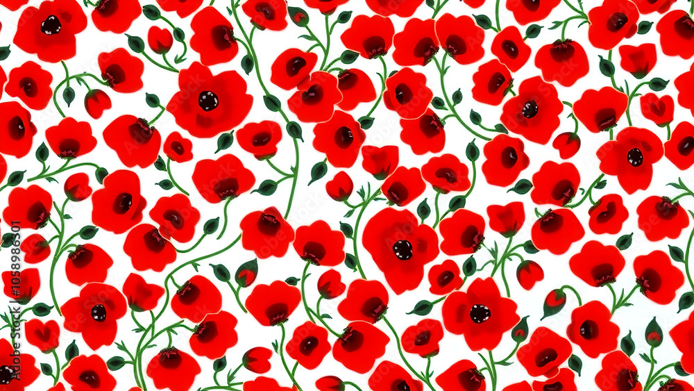 A pattern of small red poppies with dark green leaves, densely packed to create a vibrant and striking textile design on a white background.
A pattern of small red poppies with dark green leaves, densely packed to create a vibrant and striking textile design on a white background.