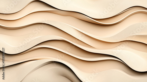 Abstract beige layered pattern with wavy lines creating a three-dimensional effect. The image features flowing, curved shapes with soft gradients, resembling sand dunes or fabric folds.