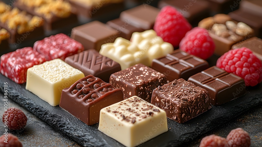 Gourmet assorted chocolates with raspberries on rustic slate background Gourmet assorted chocolates with raspberries on rustic slate background