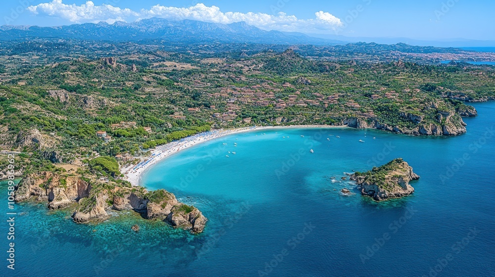 Fototapeta premium Aerial view of a secluded beach with turquoise water and lush green hills.